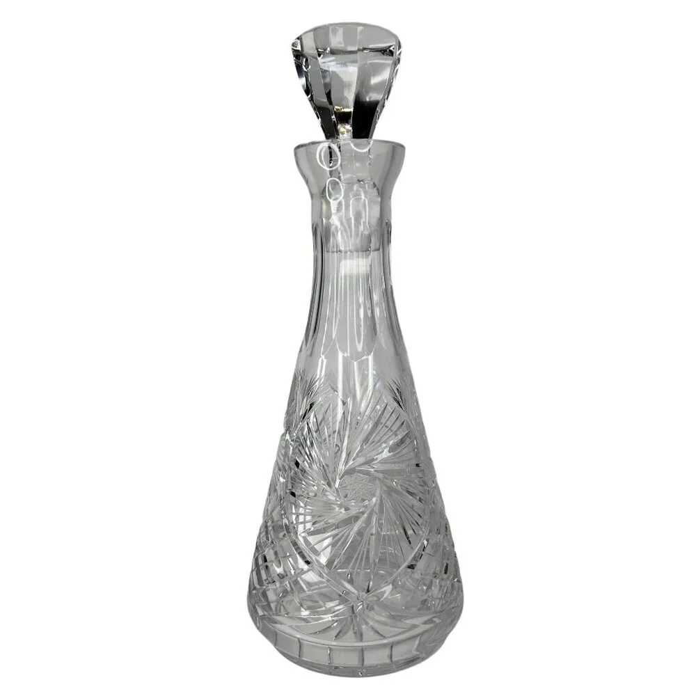 Decanter Crystal Cut Glass European MCM Starburst Diamond Pattern W/ Stopper 13